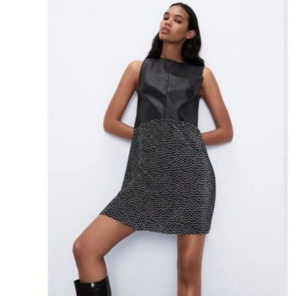 NWT Zara Faux Leather Contrast Black Dress